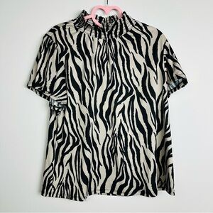 Beacon Jan Mock Neck Mesh Knit Black and Cream Zebra Print Blouse Size Medium